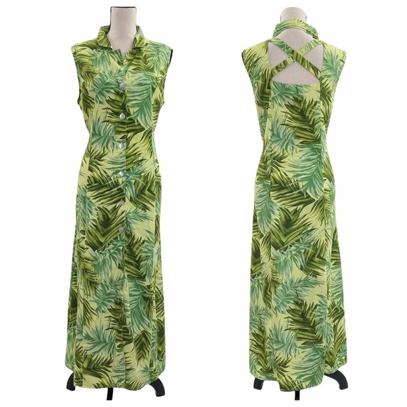 R&k Originals Green Palm Tree Leaf Print Sleeveless Criss-Cross Strappy Dress - Picture 1 of 16